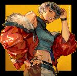  1girl animification apex_legends belt black_border blue_belt border bracelet breasts cropped_sweater fur-trimmed_jacket fur_trim goggles goggles_on_head grey_hair grey_pants highres jacket jewelry looking_at_viewer medium_breasts midriff navel off_shoulder outside_border pants parted_lips red_jacket short_hair sleeveless sleeveless_sweater smile solo sweater thundergotch turtleneck turtleneck_sweater valkyrie_(apex_legends) web_address yellow_background 