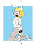  1girl @_@ animal_ears ass blonde_hair blue_background blush bound bound_wrists fishnet_pantyhose fishnets from_behind gag gagged green_eyes high_heels highres nskcizlnk pantyhose playboy_bunny pointy_ears princess_zelda rabbit_ears rabbit_tail tail the_legend_of_zelda the_legend_of_zelda:_tears_of_the_kingdom 