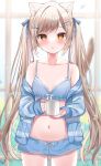  1girl animal_ear_fluff animal_ears blue_bra blue_cardigan blue_shorts blush bra breasts brown_eyes brown_hair cardigan cat_ears cat_girl cat_tail cup hair_ornament hairclip hamico highres long_hair looking_at_viewer mug navel off_shoulder open_cardigan open_clothes original ribbon short_shorts shorts sleepwear solo striped_cardigan tail thighs twintails underwear very_long_hair 