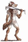  0laffson anthro brown_body brown_fur digitigrade fur hi_res hyena male mammal melee_weapon nude simple_background solo spots spotted_body spotted_fur spotted_hyena sword weapon white_background white_body white_fur 
