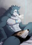  abs absurd_res anthro breke canid canine canis chuurow clothed clothing embarrassed erection erection_under_clothing hi_res lifewonders male mammal meme meme_clothing muscular muscular_anthro muscular_male nipples novelty_clothing pecs solo tokyo_afterschool_summoners wolf wolf_head_underwear 