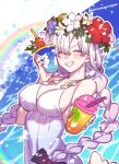  1girl anastasia_(fate) anastasia_(swimsuit_archer)_(fate) anastasia_(swimsuit_archer)_(second_ascension)_(fate) braid breasts closed_eyes cup disposable_cup dress drinking_straw fate/grand_order fate_(series) grey_hair grin head_wreath highres large_breasts long_hair mitsurugi_sugar rainbow smile twin_braids twitter_username water white_dress 