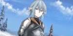  1boy absurdres armor blue_eyes blue_sky chainmail chihuri closed_mouth cloud day final_fantasy final_fantasy_xiv grey_hair hair_between_eyes haurchefant_greystone highres male_focus outdoors pauldrons pointy_ears shoulder_armor sky smile snow solo tree upper_body 
