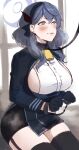  1girl ako_(blue_archive) bell black_thighhighs blue_archive blush breasts deras garter_straps gloves hairband highres large_breasts leash long_sleeves neck_bell pencil_skirt sketch skirt solo sweat thighhighs wavy_mouth window 