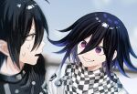  2boys :d black_jacket buttons checkered_clothes checkered_scarf danganronpa_(series) danganronpa_v3:_killing_harmony eye_contact flipped_hair grin hair_between_eyes highres jacket looking_at_another male_focus multicolored_hair multiple_boys oma_kokichi profile purple_eyes saihara_shuichi scarf short_hair smile striped striped_jacket sweat teeth teruha_kurumi two-tone_hair white_jacket wide-eyed yellow_eyes 