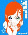  1girl blue_background blue_pupils flat_color gab_(gabellament) green_eyes hand_on_own_cheek hand_on_own_face heterochromia highres jewelry limited_palette nose_piercing original piercing pink_eyes pixel_art red_hair ring solo star-shaped_pupils star_(symbol) symbol-shaped_pupils 