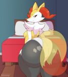  absurd_res anthro bed big_butt braixen breasts butt clothed clothing female fur furniture generation_6_pokemon hexami hi_res huge_butt looking_at_viewer looking_back looking_back_at_viewer nintendo panties pokemon pokemon_(species) solo thick_thighs topless underwear yellow_body yellow_fur 