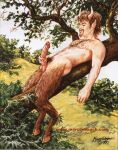  1997 absurd_res erection genitals hi_res humanoid humanoid_pointy_ears male marc_debauch masturbation nude outside penile penile_masturbation penis plant satyr shaded smile solo traditional_media_(artwork) tree 