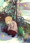  1boy bag between_legs blonde_hair brown_jacket green_eyes hair_between_eyes hand_between_legs highres jacket leaf male_focus necktie nijisanji open_mouth outdoors plant potted_plant red_necktie school_bag school_uniform solo squatting summer sweater_vest tn_kn1000 uzuki_kou virtual_youtuber 