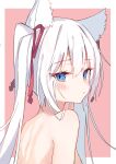  1girl absurdres animal_ear_fluff animal_ears arm_at_side back bare_shoulders blue_eyes blush border breasts cat_ears cat_girl from_side hair_ribbon highres kakakaka_(pc98times) long_hair looking_at_viewer median_furrow nude original outside_border pout raised_eyebrows red_ribbon ribbon small_breasts solo twintails upper_body white_border white_hair 