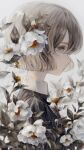  1girl amamanoban blue_eyes brown_hair closed_mouth collar flower from_side hair_between_eyes highres leaf original profile short_hair solo too_many_flowers upper_body white_collar white_flower 