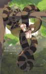 1girl black_nails breasts brown_hair collarbone commission completely_nude highres kizuta_(barometz) lamia large_breasts monster_girl nipples nude on_tree original outdoors pointy_ears scales short_hair skeb_commission solo translation_request tree twitter_username yellow_eyes 