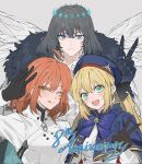  1boy 2girls :q ahoge anniversary artoria_caster_(fate) artoria_caster_(second_ascension)_(fate) artoria_pendragon_(fate) black_gloves black_hair blonde_hair blue_capelet blue_eyes blue_headwear blush capelet chaldea_uniform diamond_hairband dragonfly_wings expressionless fate/grand_order fate_(series) fujimaru_ritsuka_(female) fur_trim gloves green_eyes highres insect_wings long_hair looking_at_viewer medium_hair multiple_girls oberon_(fate) oberon_(third_ascension)_(fate) open_mouth orange_eyes orange_hair smile spoilers tongue tongue_out upper_body v wings yurumawari 