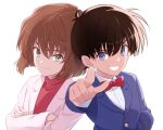  1boy 1girl blue_eyes blue_jacket bob_cut bow bowtie brown_hair buttons closed_mouth coat collared_shirt crossed_arms edogawa_conan green_eyes grin haibara_ai hair_between_eyes hand_in_pocket hand_up jacket lab_coat long_sleeves meitantei_conan no_eyewear pointing pointing_at_viewer red_bow red_bowtie red_sweater shirt short_hair simple_background smile sweater teeth tohoho_(hoshinoyami) upper_body white_background white_coat white_shirt 