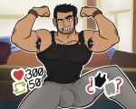  1boy appa_pacho armpit_hair bara beard_stubble black_hair black_tank_top bulge couch double_biceps_pose feet_out_of_frame flexing highres huge_eyebrows indoors large_pectorals like_and_retweet looking_at_viewer lucas_lee male_focus meme muscular muscular_male pants pectorals raised_eyebrow scott_pilgrim_takes_off seductive_smile shirt short_hair sidepec smile solo spread_legs sweat tank_top tight_clothes tight_shirt track_pants twitter_strip_game_(meme) 