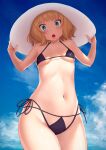  1girl :o bikini blonde_hair blue_eyes blue_sky blush breasts covered_nipples cowboy_shot day gochuumon_wa_usagi_desu_ka? halterneck hands_on_headwear hands_up hat highres kirima_syaro looking_at_viewer micro_bikini multi-strapped_bikini_bottom navel open_mouth outdoors purple_bikini side-tie_bikini_bottom sky small_breasts solo standing string_bikini sun_hat swimsuit underboob white_headwear yuuki1103 