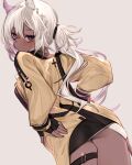  arknights camel_ears camel_girl camel_tail coat dark_skin fingerless_gloves from_behind gloves hand_on_own_hip highres kochiya_(gothope) long_hair looking_at_viewer looking_back miniskirt skirt thigh_strap tuye_(arknights) white_hair yellow_coat 