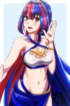  1girl absurdres alear_(female)_(fire_emblem) alear_(fire_emblem) alternate_costume bare_shoulders bikini blue_eyes blue_hair breasts cleavage commentary fire_emblem fire_emblem_engage heterochromia highres medium_breasts multicolored_hair navel red_eyes red_hair sarong solo swimsuit to_(tototo_tk) two-tone_hair white_bikini 
