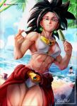  1boy 1girl abs absurdres beach bikini black_hair breasts broly_(dragon_ball_z) broly_(dragon_ball_z)_(cosplay) cosplay dragon_ball dragon_ball_super earrings food highres jewelry kefla_(dragon_ball) large_breasts looking_at_viewer medium_breasts midriff muscular muscular_female navel popsicle potara_earrings sarulart smile solo spiked_hair swimsuit vegeta 