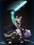  2023 5_fingers abstract_background absurd_res artist_name bipedal_feral canid canine canis cybernetic_arm cybernetic_limb digital_media_(artwork) fingers fur hi_res leo-wolf link_(wolf_form) male mammal master_sword melee_weapon multicolored_body multicolored_fur nintendo shield smile solo spiral_background sword tears_of_the_kingdom the_legend_of_zelda twilight_princess weapon wolf year 