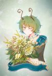  1girl antennae banner black_cape blush cape closed_mouth collared_shirt commentary english_commentary expressionless flower fur_cape green_eyes green_hair hair_between_eyes highres lakenightbug looking_at_viewer medium_bangs one_eye_closed shirt short_hair solo touhou upper_body white_flower white_shirt wriggle_day wriggle_nightbug 