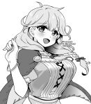  1girl bangle bracelet braid breasts cape faye_(fire_emblem) fire_emblem fire_emblem_echoes:_shadows_of_valentia hair_over_one_eye jewelry large_breasts looking_at_viewer low_twin_braids low_twintails monochrome smile solo twin_braids twintails upper_body white_background yukia_(firstaid0) 