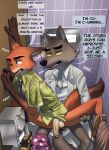  absurd_res anthro balls bathroom bottomwear bottomwear_down brown_body brown_fur canid canine canis clothed clothing crossover dialogue disney dreamworks duo english_text fox fur genitals hi_res humanoid_genitalia humanoid_penis male male/male male_penetrated male_penetrating male_penetrating_male mammal mr._wolf_(the_bad_guys) nick_wilde orange_body orange_fur pants pants_down partially_clothed penetration penis public_restroom restroom_stall sex text the_bad_guys tush underwear underwear_down wolf yellow_sclera zootopia 