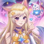  1girl :d :p ahri_(league_of_legends) animal animal_ears bare_shoulders blue_choker blue_hair bow bowtie brown_eyes choker closed_eyes covered_collarbone detached_sleeves finger_heart fox_ears fox_girl fox_tail gold_headband grey_sleeves hair_ornament heart highres league_of_legends long_hair long_sleeves looking_at_viewer multicolored_hair multiple_tails official_alternate_costume open_mouth orange_bow orange_bowtie qianniao_zhi_shi smile space sparkle star_(symbol) star_guardian_(league_of_legends) star_guardian_ahri star_hair_ornament starry_background tail tongue tongue_out upper_body 