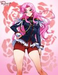  1girl artist_name blue_eyes blue_jacket cowboy_shot epaulettes expressionless flower frilled_coat hand_on_own_hip jacket long_hair long_sleeves looking_at_viewer mina_cream ootori_gakuen_school_uniform pink_hair rose school_uniform shoujo_kakumei_utena solo tenjou_utena wavy_hair 