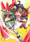  1girl absurdres animal_ears belt blush brown_hair dress ear_covers food freely2327 fruit full_body green_dress high_ponytail highres holding holding_plate horse_ears horse_girl horse_tail king_halo_(umamusume) laughing looking_at_viewer multicolored_eyes ojou-sama_pose plate skates skating skirt solo tail teeth umamusume upper_teeth_only watermelon white_skirt 