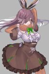  1girl a888_n22 absurdres animal_ears arms_behind_head bow bowtie brown_fur brown_gloves brown_hair brown_pantyhose brown_skirt center_frills cowboy_shot elbow_gloves european_hare_(kemono_friends) frilled_skirt frills fur_collar fur_trim gloves green_bow green_bowtie hair_bow hair_over_one_eye high-waist_skirt highres kemono_friends long_hair looking_at_viewer orange_eyes pantyhose rabbit_ears rabbit_girl rabbit_tail shirt short_sleeves sidelocks skirt solo t-shirt tail white_hair white_shirt 