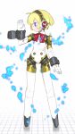  1girl absurdres aegis_(persona) ahoge android arm_cannon blonde_hair blue_eyes bodysuit bow bowtie cheri_zao closed_mouth commentary_request full_body gold_trim headphones highres joints light_particles looking_to_the_side persona persona_3 profile red_bow red_bowtie reflective_floor robot_girl robot_joints simple_background smile solo standing weapon white_background white_bodysuit 