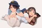  2girls aonori_misuji black_hair blue_eyes blue_shirt blush breasts commentary_request full_body grey_background grey_eyes hand_on_another&#039;s_leg hand_on_another&#039;s_thigh hat looking_at_viewer lying medium_breasts multiple_girls nurse nurse_cap original pantyhose pencil_skirt police police_hat police_uniform policewoman shirt short_hair short_sleeves simple_background skindentation skirt smile thighhighs thighs uniform watch white_thighhighs wristwatch 