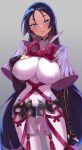  1girl absurdres armor black_gloves bodysuit breasts curvy fate/grand_order fate_(series) fingerless_gloves gloves grey_background highres huge_breasts japanese_armor kote loincloth long_hair looking_at_viewer low-tied_long_hair minamoto_no_raikou_(fate) parted_bangs purple_bodysuit purple_eyes purple_hair ribbed_sleeves simple_background smile solo standing tabard very_long_hair yun-yang 