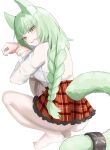  1girl animal_ear_fluff animal_ears arknights blush braid cat_ears cat_tail from_behind green_eyes green_hair harmonie_(arknights) highres looking_at_viewer looking_back neti_(cpu11151) pantyhose paw_pose plaid plaid_skirt red_skirt simple_background skirt solo squatting tail tail_through_clothes tongue tongue_out white_background white_pantyhose 