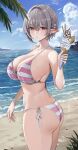  1girl :o absurdres ass bare_arms bare_shoulders beach bikini breasts cleavage commission cowboy_shot day elf food gompang_11 grey_hair hair_ornament hairclip halterneck hand_up highres holding ice_cream large_breasts looking_at_viewer original outdoors parted_lips pink_bikini pointy_ears red_eyes short_hair side-tie_bikini_bottom solo standing string_bikini striped striped_bikini swimsuit thighs twisted_torso water wet wristband 