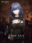  1girl arcana_(reverse:1999) black_dress black_gloves black_liquid blue_hair blurry blurry_background breasts character_name cleavage cleavage_cutout closed_mouth clothing_cutout copyright_name dress elbow_gloves english_text gloves hair_between_eyes hair_intakes hair_over_shoulder hand_up head_tilt highres indoors large_breasts latin_text light_smile logo long_sleeves looking_at_viewer low_ponytail official_art reverse:1999 side_cutout sidelocks solo upper_body wand_in_head yellow_eyes 