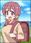  1girl :d aged_down backpack bag black_border blue_sky blush_stickers border breasts brown_eyes brown_hair cloud crime_prevention_buzzer day holding_strap long_hair long_sleeves looking_at_viewer low_twintails medium_breasts murosaki_miyo nekotoufu official_art onii-chan_wa_oshimai! open_mouth outdoors randoseru sky smile solo twintails upper_body 