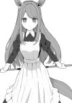  1girl absurdres alternate_costume apron black_dress dress ear_ribbon enmaided frilled_apron frills greyscale highres holding horse_girl long_hair looking_at_viewer maid maid_apron mejiro_mcqueen_(umamusume) monochrome puffy_sleeves sei_(karupiza1490208) solo swept_bangs umamusume waist_apron 