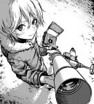  1girl blush chair closed_mouth from_above fur-trimmed_jacket fur_trim greyscale hair_between_eyes highres jacket long_sleeves looking_at_viewer monochrome omao original short_hair smile solo telescope 