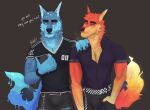  acidwuff anthro black_clothing black_shirt black_t-shirt black_topwear blue_body blue_eyes blue_fur bottomwear brown_background canid cellphone cheek_tuft closed_smile clothed clothing duo facial_tuft front_view fur grey_bottomwear grey_clothing hand_in_pocket hi_res holding_cellphone holding_object holding_phone holding_smartphone looking_at_smartphone male mammal mouth_closed neck_tuft orange_body orange_fur phone pockets purple_clothing purple_topwear red_eyes shirt signature simple_background smartphone smile standing t-shirt topwear tuft yellow_body yellow_fur 