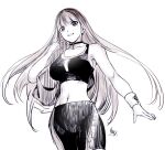  1girl aoba_(smartbeat) bare_shoulders bike_shorts breasts choker collarbone cross cross_choker earrings fate/grand_order fate_(series) greyscale grin jacket jewelry large_breasts long_hair looking_at_viewer martha_(fate) martha_(under_the_same_sky)_(fate) midriff monochrome navel sketch smile solo sports_bra thighs unworn_jacket wristband 