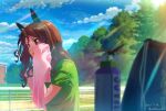 1girl animal_ears bag blurry blurry_foreground bottle brown_eyes brown_hair bug cloud dated day dragonfly ear_covers green_shirt hand_on_own_hip hand_up holding holding_towel horse_ears king_halo_(umamusume) long_hair one_side_up open_mouth outdoors shirt short_sleeves solo sunlight sweat takuzui towel tree twitter_username umamusume v-shaped_eyebrows wiping_sweat 