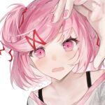  1girl blush close-up commentary doki_doki_literature_club fang frown highres lips looking_at_viewer natsuki_(doki_doki_literature_club) open_mouth pink_eyes pink_hair pink_nails portrait reaching reaching_towards_viewer shirt shiruru531 short_hair sidelocks simple_background skin_fang solo swept_bangs symbol-only_commentary twintails white_background white_shirt 