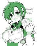  1girl armor artist_name breastplate earrings fee_(fire_emblem) fire_emblem fire_emblem:_genealogy_of_the_holy_war green_eyes green_shirt headband hoop_earrings jewelry partially_colored shirt short_hair shoulder_pads solo upper_body very_short_hair white_background yukia_(firstaid0) 