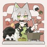  1girl 1other =_= animal animal_ear_fluff animal_ears arknights black_hood blush border bowl broccoli cat_ears cat_girl chibi commentary cooking_pot doctor_(arknights) dress excited fish food green_dress green_eyes highres holding holding_animal holding_fish holding_ladle hood jacket kal&#039;tsit_(arknights) kdmr0402 ladle long_sleeves looking_at_viewer mask omelet onigiri sausage short_hair signature steam stove symbol-only_commentary tamagoyaki watch white_hair white_jacket wristwatch 