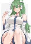  1girl absurdres blush breasts detached_sleeves feet_out_of_frame frog_hair_ornament green_eyes green_hair hair_ornament highres japanese_clothes knees_up kochiya_sanae kuraki large_breasts looking_at_viewer miko shirt simple_background sitting smile solo touhou white_shirt 