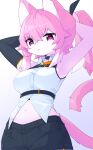  absurd_res anthro armwear breasts clothed clothing devil-vox felid feline female hi_res kemono looking_at_viewer mammal pink_body pink_eyes simple_background solo tail 