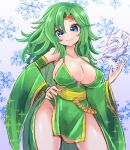  1girl arm_up blue_eyes breasts cleavage detached_sleeves final_fantasy final_fantasy_iv green_hair green_leotard green_sleeves hair_ornament hand_on_own_hip harimao_(hanzou_uji) highres large_breasts leotard loincloth long_hair looking_at_viewer rydia_(ff4) smile solo thighs 