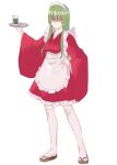  1girl absurdres angry apron blunt_bangs dress drink frills full_body glass green_eyes green_hair hand_on_own_hip highres hizamaru_(tenka_hyakken) holding holding_tray japanese_clothes long_hair long_sleeves looking_at_viewer maid_apron maid_headdress onasu_(sawagani) red_dress shaded_face sidelocks solo standing tenka_hyakken thighhighs tray v-shaped_eyebrows wa_maid white_background white_thighhighs wide_sleeves zouri 